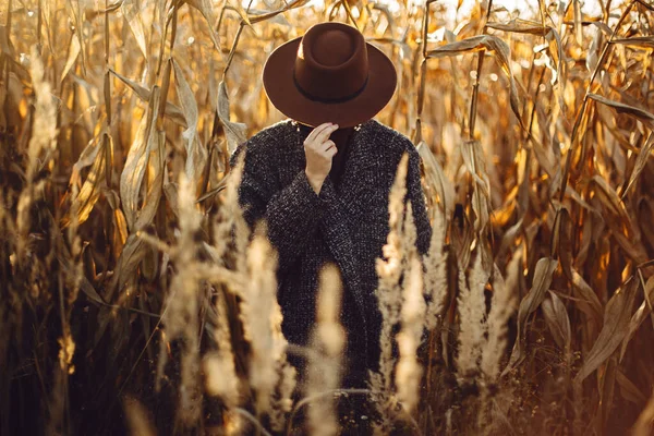 Mooie Stijlvolle Vrouw Verstopt Gezicht Met Bruine Hoed Poseren Herfst — Stockfoto