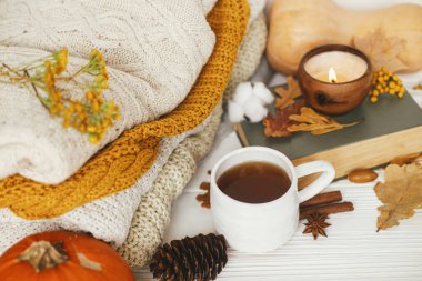 Balkabağı, bir fincan çay, rahat kazaklar, sonbahar yaprakları, yanan mum ve beyaz ahşap arka plan üzerine eski bir kitap. Merhaba sonbahar, rahat ve yavaş yaşam. Mutlu Şükran Günleri