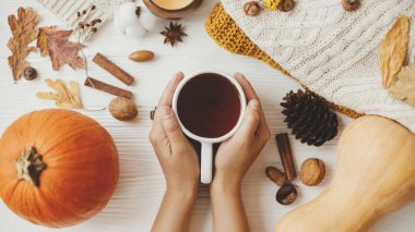 Merhaba sonbahar, rahat ve yavaş yaşam. Sonbahar yaprakları, balkabağı, rahat kazaklar, beyaz odunda yanan mum gibi arka planda sıcak çay tutan eller. Mutlu Şükran Günleri Düz yatıyordu