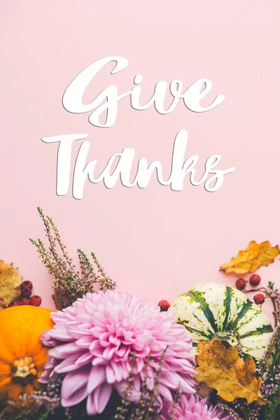 Adjon Hálát Szöveget Sütőtök Dália Virágok Levelek Hanga Rózsaszín Háttér — Stock Fotó