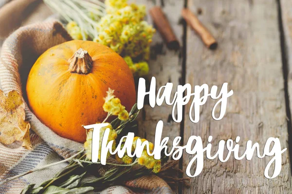 Happy Thanksgiving Card Fröhliche Dankesworte Auf Kürbis Herbstblumen Kräutern Kuschelige — Stockfoto