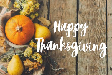 Şükran Günü Kartın kutlu olsun. Balkabağı, sonbahar yaprakları, çiçekler, armutlar üzerine mutlu şükran günü metinleri, eski ahşap yataklar üzerine rahat battaniye. Mevsimin selamları, el yazması mektuplar. Şükret.