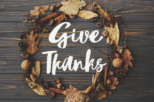 Give Thanks Text Autumn Wreath Flat Lay Dark Rustic Wood — Stock Photo, Image