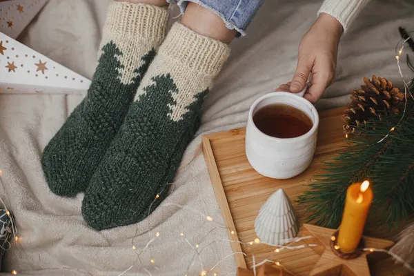 Cozy Winter Moments Home Woman Feet Woolen Socks Soft Bed — Stock Photo, Image