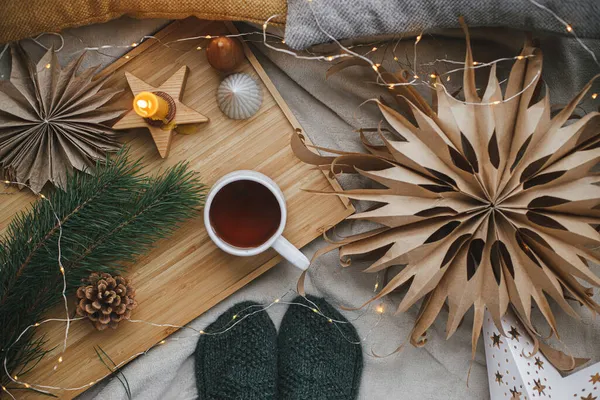 Woman Legs Warm Socks Soft Blanket Cup Tea Christmas Stars — Stock Photo, Image