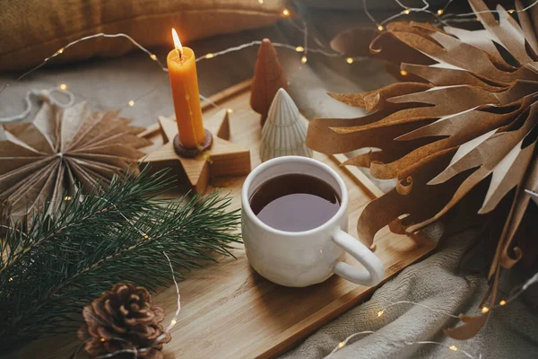 Warm Cup Tea Christmas Lights Stars Pine Trees Candle Pillows — Stock Photo, Image