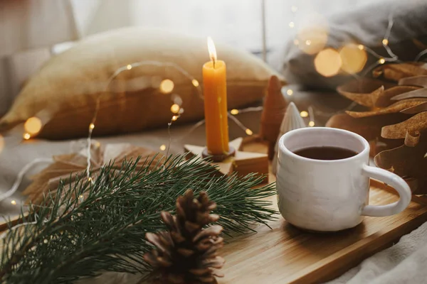 Hygge Winter Holidays Warm Cup Tea Soft Bed Christmas Stars — Stock Photo, Image
