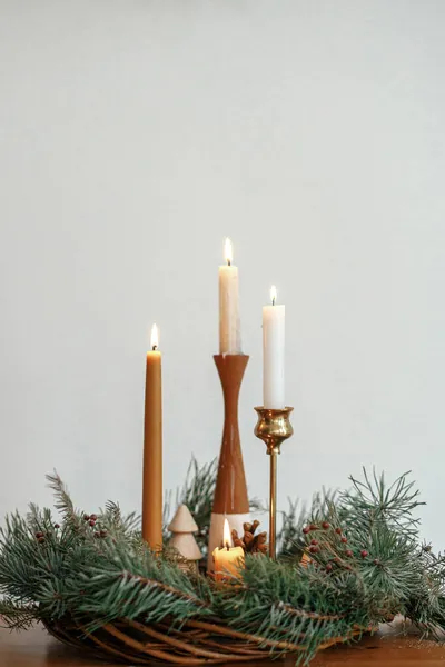 Christmas Advent Stylish Candles Burning Christmas Wreath Pine Cones Tree — Stock Photo, Image