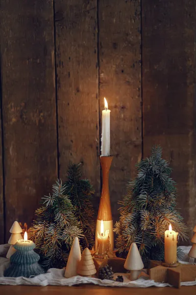Stylish Burning Christmas Candles Pine Trees Cones Modern Decorations Rustic — Stock Photo, Image