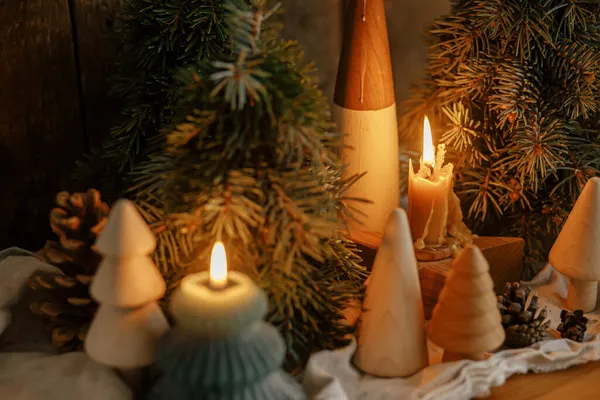 Stylish Burning Christmas Candles Pine Trees Cones Modern Decorations Rustic — Stock Photo, Image