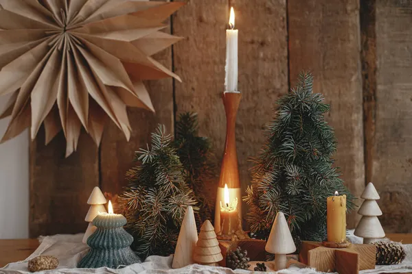 Christmas Advent Stylish Burning Christmas Candles Pine Trees Decorations Big — Stock Photo, Image