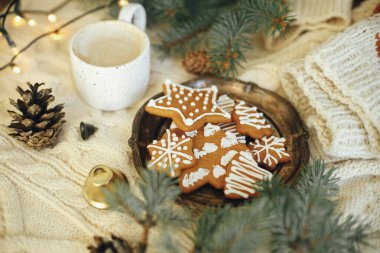 Ev yapımı zencefilli kurabiyeler, şık fincanda sıcak kahve, köknar dalları ve sıcak örülmüş arka planda sıcak ışıklar. Atmosferik festival zamanı ve evde hygge. İyi tatiller. Merhaba kış.