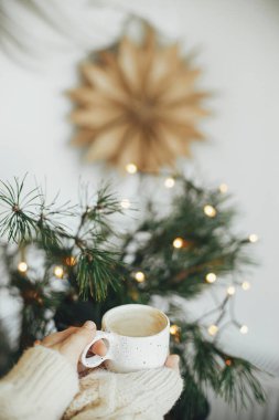 Eller rahat süveter içinde, arka planda köknar dalları, İsveç yıldızı, şenlikli İskandinav odasında ılık kahve tutuyor. Atmosferik kış zamanı ve evde hygge