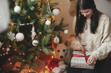 Noel hediyesini Noel ağacının altında ışıklı şirin bir köpekle paketleyen şık bir kadın. Şenlikli İskandinav odasında kırmızı kurdeleyle hediye edilen genç bir kadın.