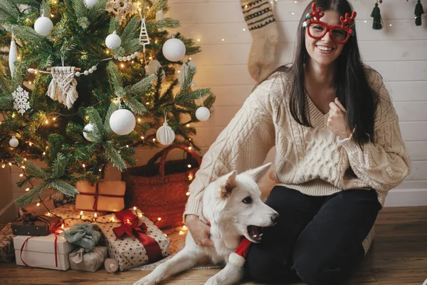 时髦的快乐女人和可爱的狗坐在圣诞树下 带着礼物和灯光 年轻的女性和可爱的白狗在节日庆典庆祝在丑闻室 假期快乐 — 图库照片