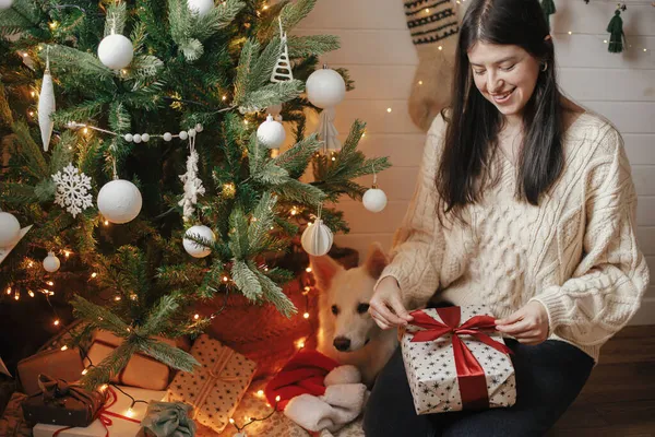 Noel Hediyesini Noel Ağacının Altında Işıklı Şirin Bir Köpekle Paketleyen — Stok fotoğraf
