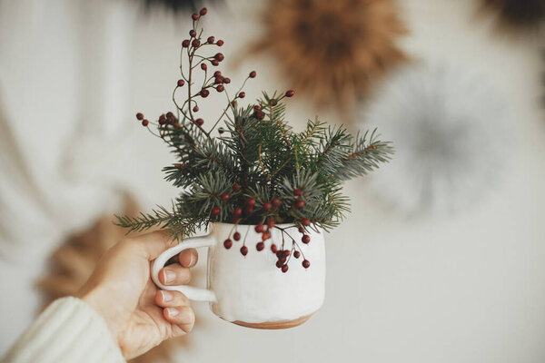 Merry Christmas Happy Holidays Hand Holding Stylish Cup Spruce Branches — Stock Photo, Image