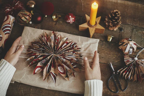 Merry Christmas Happy Holidays Hands Holding Stylish Xmas Gift Craft — Stock Photo, Image