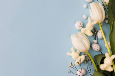 Mutlu Paskalyalar! Şık paskalya yumurtaları, laleler ve tavşanlar mavi arka planda yatıyordu. Modern çikolatalı paskalya yumurtaları ve beyaz çiçeklerin yerleşimi. Tebrik kartı şablonu, metin için boşluk