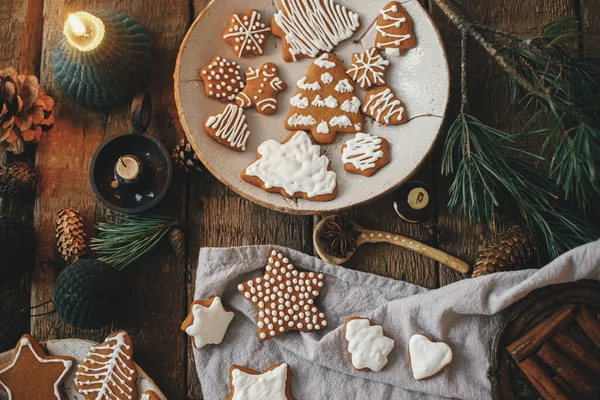 Christmas Gingerbread Cookies Rustic Table Napkin Candle Decorations Spices Flat — Stock Photo, Image