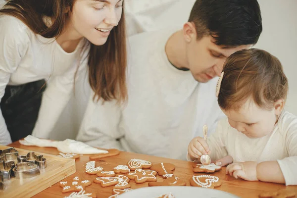 Happy Stylish Family Decorating Christmas Gingerbread Cookies Icing Wooden Table — Stock Photo, Image