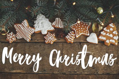 Mutlu Noeller tebrik kartı. Mutlu noel mesajları zencefilli kurabiye üzerine, köknar dalları rustik ahşap düz yerde. Seasons selamı. İyi tatiller! El yazısı işareti