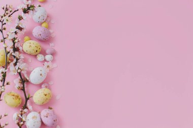 Paskalya düzlüğü, yazı için yeri vardı. Renkli Paskalya çikolatası yumurtaları ve kiraz çiçekleri pembe arka planda sınırdır. Mutlu Paskalyalar! Yumuşak bahar pankartı şablonu. Tebrik kartı