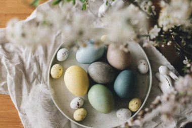 Mutlu Paskalyalar! Tavşan heykelcikli paskalya yumurtaları, keten peçete, kırsal masada kiraz çiçekleri. Doğal boyalı renkli yumurtalar ve bahar çiçekleri. Kırsal kesimde hayat, üst kesimde manzara