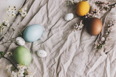 Mutlu Paskalyalar! Paskalya yumurtaları ve kiraz çiçekleri sade keten kumaş üzerinde, yazı için yer var. Doğal renklerle boyanmış pastel yumurtalar ve bahar çiçekleri rustik kompozisyon. Tebrik kartı