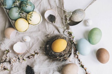 Mutlu Paskalyalar! Lüks paskalya düzlükleri. Doğal boyanmış renkli yumurtalar, kiraz çiçekleri, tüyler ve beyaz kırsal masadaki keten kumaş üzerindeki yuva kompozisyonu. Kırsal kesimde hayat