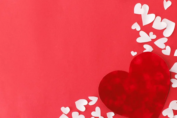 Happy Valentine Day Stylish Hearts Red Background Flat Lay Space — Stock Photo, Image