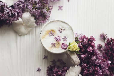 Leylak yapraklı nefis kahve ve kırsal beyaz ahşap arka planda leylak dalı düz. Anneler Günün kutlu olsun. İyi sabahlar. Merhaba bahar. Metin için boşluk