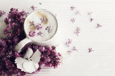 Leylak yapraklı nefis kahve ve kırsal beyaz ahşap arka planda leylak dalı düz. Anneler Günün kutlu olsun. İyi sabahlar. Merhaba bahar. Metin için boşluk