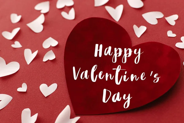 Gelukkige Valentijnsdag Tekst Stijlvolle Harten Rode Achtergrond Gelukkige Valentijnsdag Wenskaart — Stockfoto
