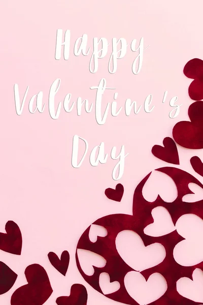Gelukkige Valentijnsdag Wenskaart Gelukkige Valentijnsdag Tekst Stijlvolle Rode Harten Roze — Stockfoto
