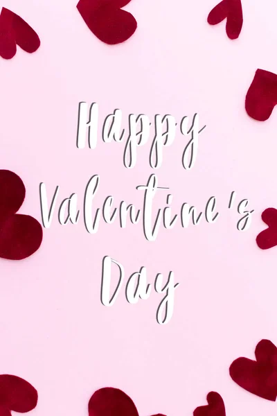 Boldog Valentin Napi Üdvözlőlapot Boldog Valentin Napi Szöveget Stílusos Piros — Stock Fotó