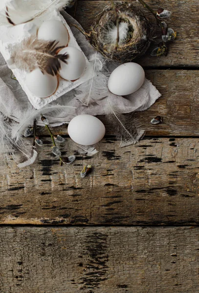 Pasen Rustieke Platte Lay Ruimte Voor Tekst Natuurlijke Eieren Dienblad — Stockfoto