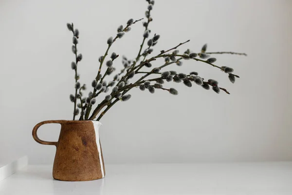 Willow Branches Stylish Rustic Vase Wooden Table Simple Easter Rural — Foto Stock