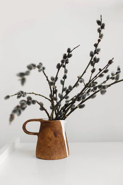 Willow Branches Stylish Rustic Vase Wooden Table Modern Easter Still — Foto Stock