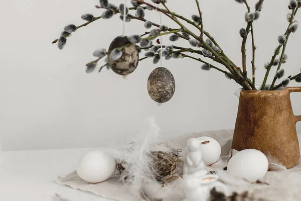 Happy Easter Natural Eggs Bunny Figurines Feathers Nest Willow Branches — Stock Photo, Image