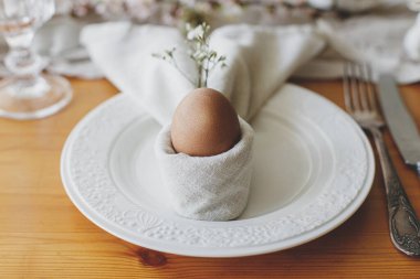 Mutlu Paskalyalar! Tavşan peçetesindeki paskalya yumurtası tabakta çatal bıçak, tavşan, bahar çiçekleri ve ahşap masada kırsal kumaş. Paskalya brunch 'ı için şık bir ortam. Çevre dostu dekorasyon