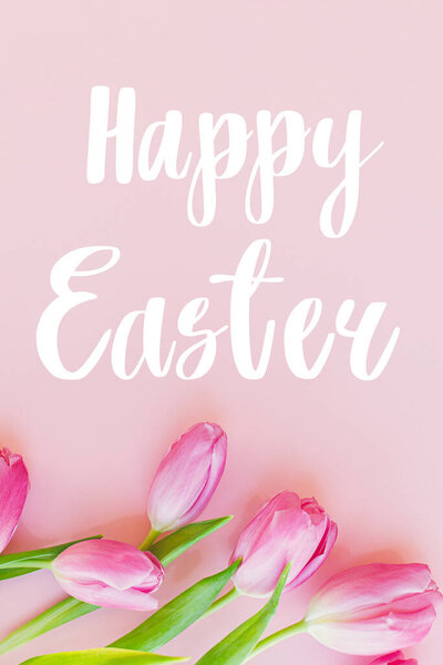 Happy Easter text on tulips flat lay on pink background. Stylish seasons greeting card. Handwritten lettering happy Easter