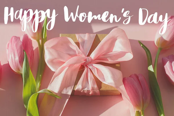 Happy Womens Day Text Pink Tulips Gift Box Sunlight Pink — Stock Photo, Image