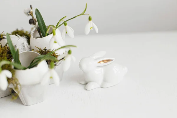 Easter Rustic Still Life Easter Egg Shells Blooming Snowdrops Cute — Stock Photo, Image