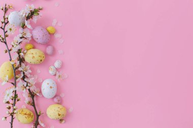 Mutlu Paskalyalar! Renkli Paskalya çikolatası yumurtaları ve kiraz çiçekleri pembe arka planda sınırdır. Paskalya düzlüğü, yazı için yeri vardı. Yumuşak bahar pankartı şablonu. Tebrik kartı
