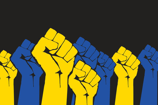Синие и жёлтые кулаки в качестве национального флага Украины. Молитесь о мире. Современная иллюстрация в плоском стиле. Остановить войну с Россией. Помогите Украине. Встать на сторону Украины