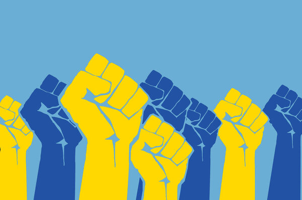 Синие и жёлтые кулаки в качестве национального флага Украины. Молитесь о мире. Современная иллюстрация в плоском стиле. Остановить войну с Россией. Помогите Украине. Встать на сторону Украины