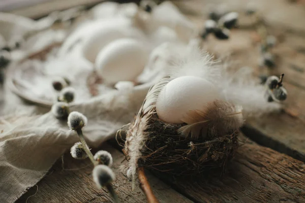 Rustic Easter Still Life Natural Egg Nest Feathers Vintage Plate — Zdjęcie stockowe