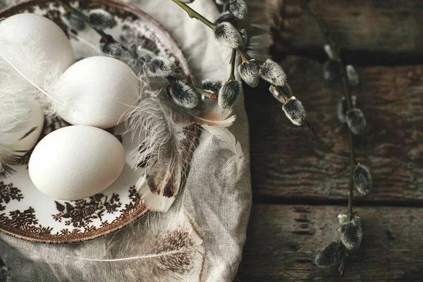 Natural Egg Nest Feathers Vintage Plate Pussy Willow Branches Napkin — Stockfoto