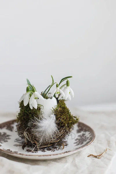 Stilvolle Oster Tischdekoration Natureier Mit Schneeglöckchen Nest Auf Vintage Teller — Stockfoto